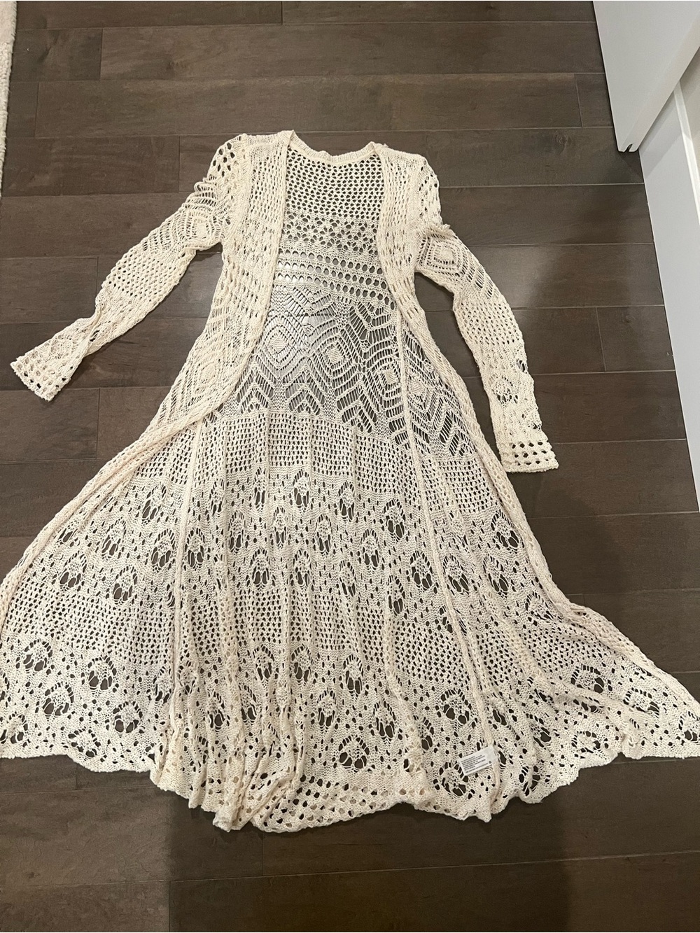 Vintage Mossimo Supply Co. Boho Cream Crochet Long Open Front Summer Duster Coat - Picture 3 of 10